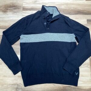 American Eagle Outfitters Mens Blue Classic Fit Button Mock Neck Sweater L/G